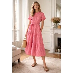 J. Marie Nicole Button Up Midi Dress Pink Floral Block Print Tiered Size XL